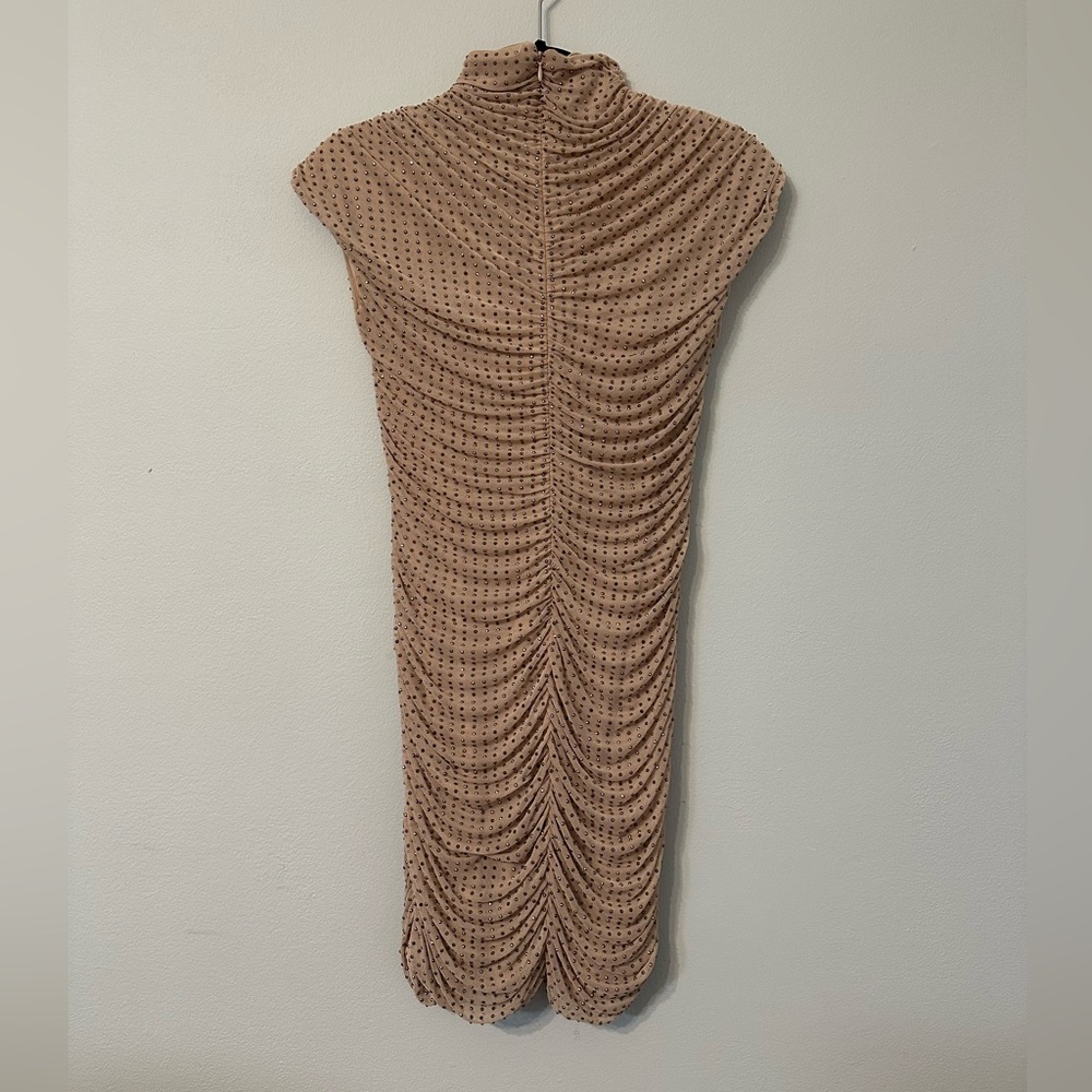 Zara Taupe Ruched Midi Dress with Textured Dot Detail